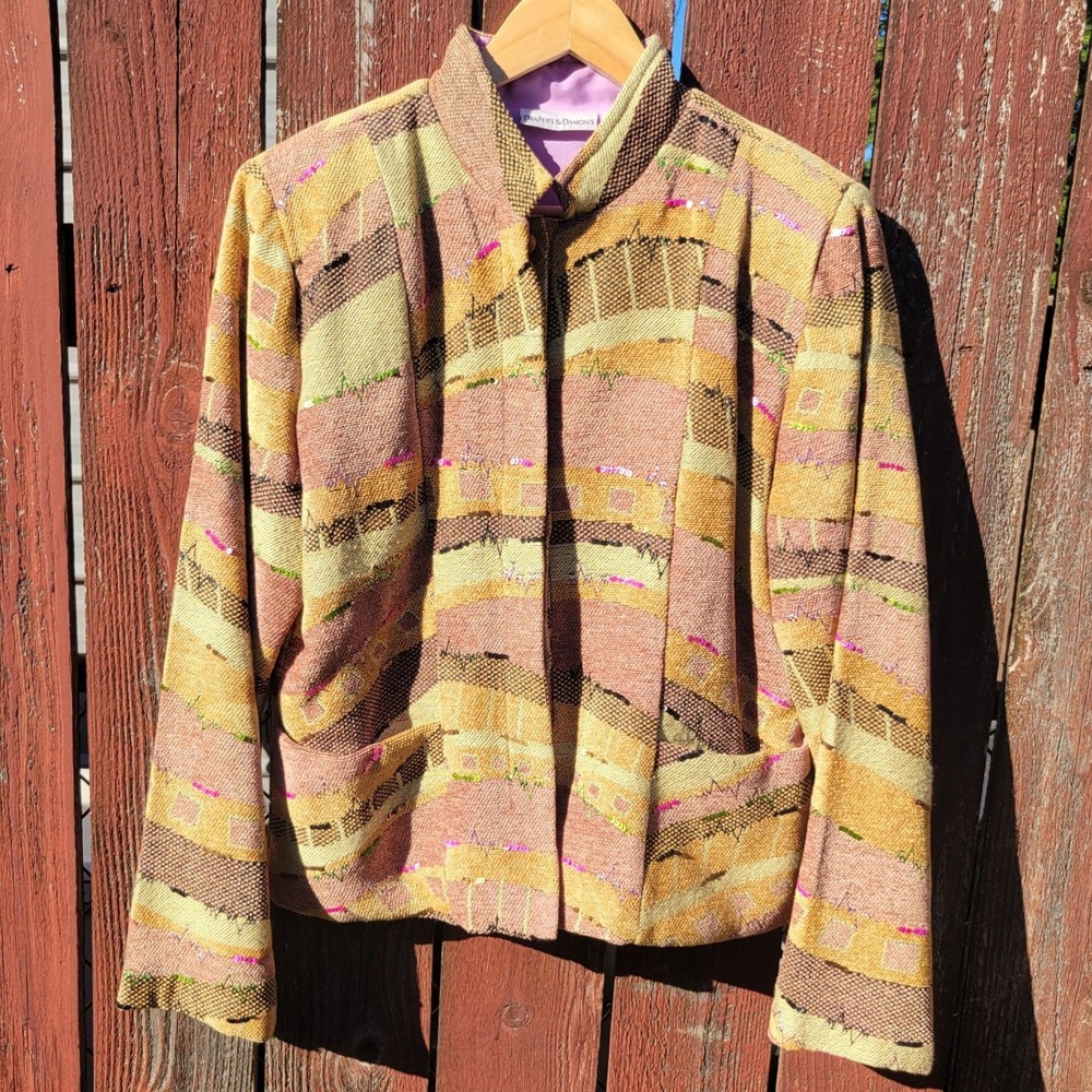 VTG Tapestry Blazer Jacket Sequin Embroidered Earth Tones M Art to Wear Boho 90s